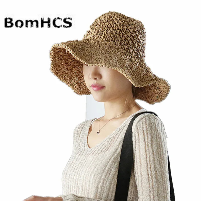 BomHCS летние кепки для девочек женские ручной работы соломенная шляпа вязаная крючком широкие полые складываемые солнечные шляпы пляж 17F-315MZ25