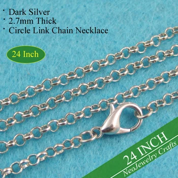 

500 pcs - 24 inch Antique Silver Chain Necklace, 60cm Dark Silver Round Link Rolo Loop Chain, Antique Silver Necklace Chains