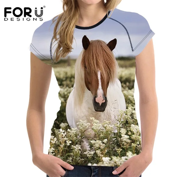FORUDESIGNS/Синяя Женская футболка с 3D принтом лошади, женские топы с круглым вырезом, дышащие повседневные женские футболки, топы для фитнеса - Цвет: C659BV
