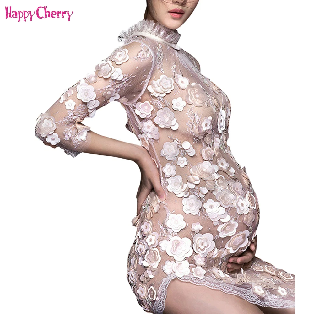 

Maternity Photography Props Voile Chiffon Flower See-through Long Dress Pregnant Photo Shoot Pregnancy Portrait Culottes Dress