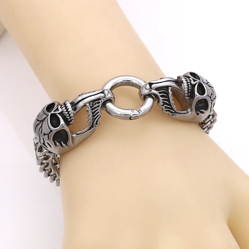 New Designer Fashion Punk Skull Jewelry Classical Steel Double Skull Bracelet Bangle For Mens Chain Bracelet Best Gifts