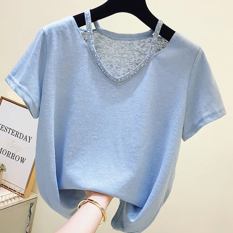 

female girls New ice-silk thin knitted T-shirt summer 2019 Women short sleeves V-collar white loose bright silk shirt ins tops