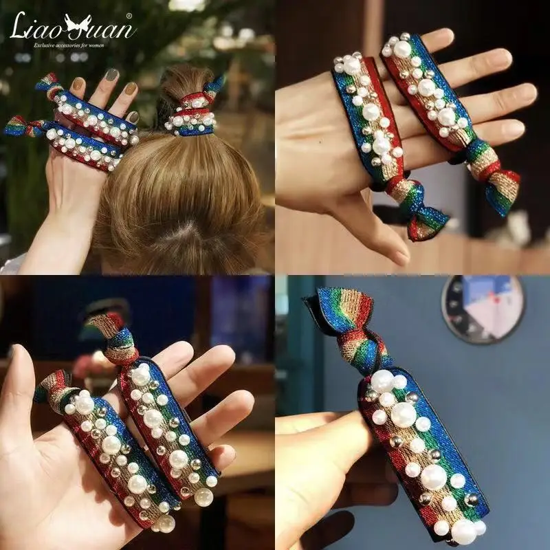 

Popular Stripe Fashion Leopard Pearl Hair Rope Women Girls Elastic Hair Rubber Band Accessories For Girls Scrunchie Hair Ring
