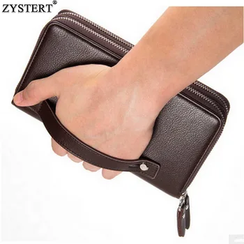 

Luxury New Style Men's Casual Business Double Zippers Three Folds Leather Wallet High-capacity Hand Bag Mobile Phone Protect Bag