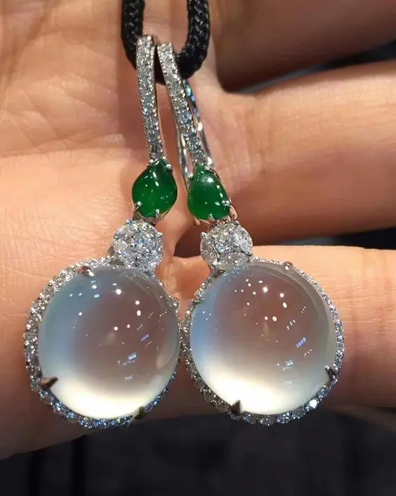 Fashion new big round moonstone earrings green color moonstone with small zircon long earrings gift / anniversary C4M043 - Окраска металла: Посеребренный