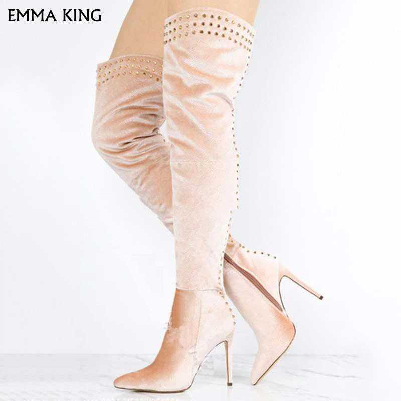

New Trendy Slip-On Stiletto Heel Rivet Thigh High Boots Over Knee Boots Woman Fashion Botas Mujer 2019 Shoes Woman Heels Ladies