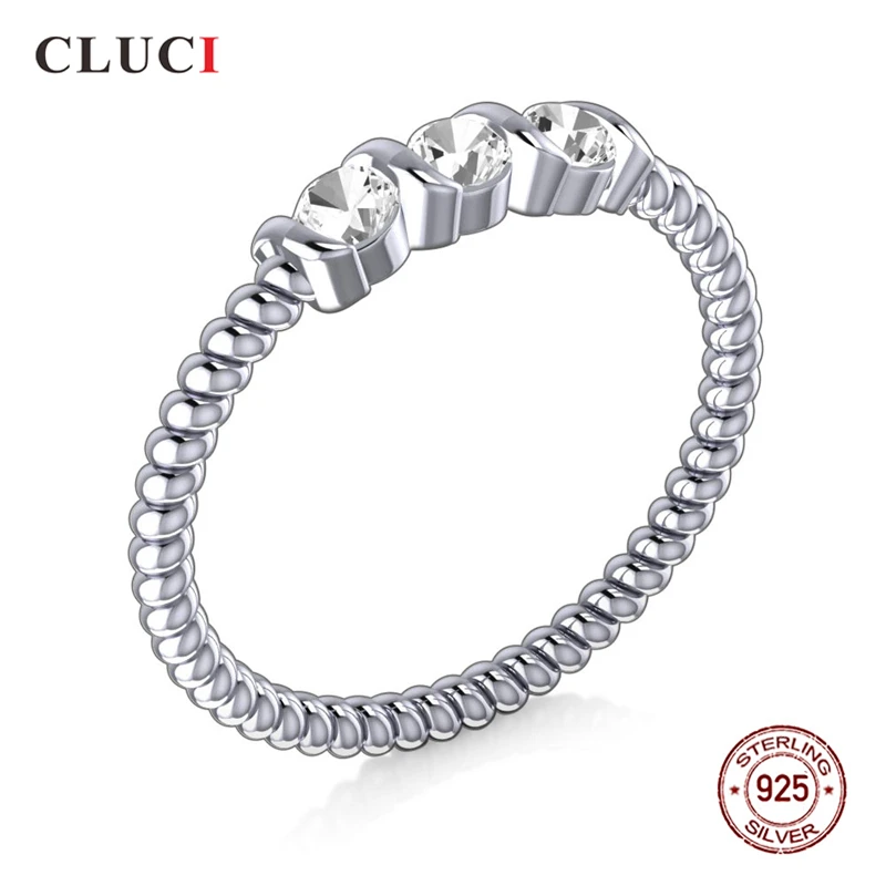

CLUCI Silver 925 Fashion Twisted Rope Women Party Ring Jewelry Three Bezel Setting Sterling Silver Zircon Ring