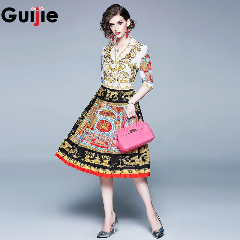 

Guijie Women's V Neck Half Sleeve Baroque Vintage Print High Waist Slim Elegant Pleated Dresses Fashion Runway Summer Dress