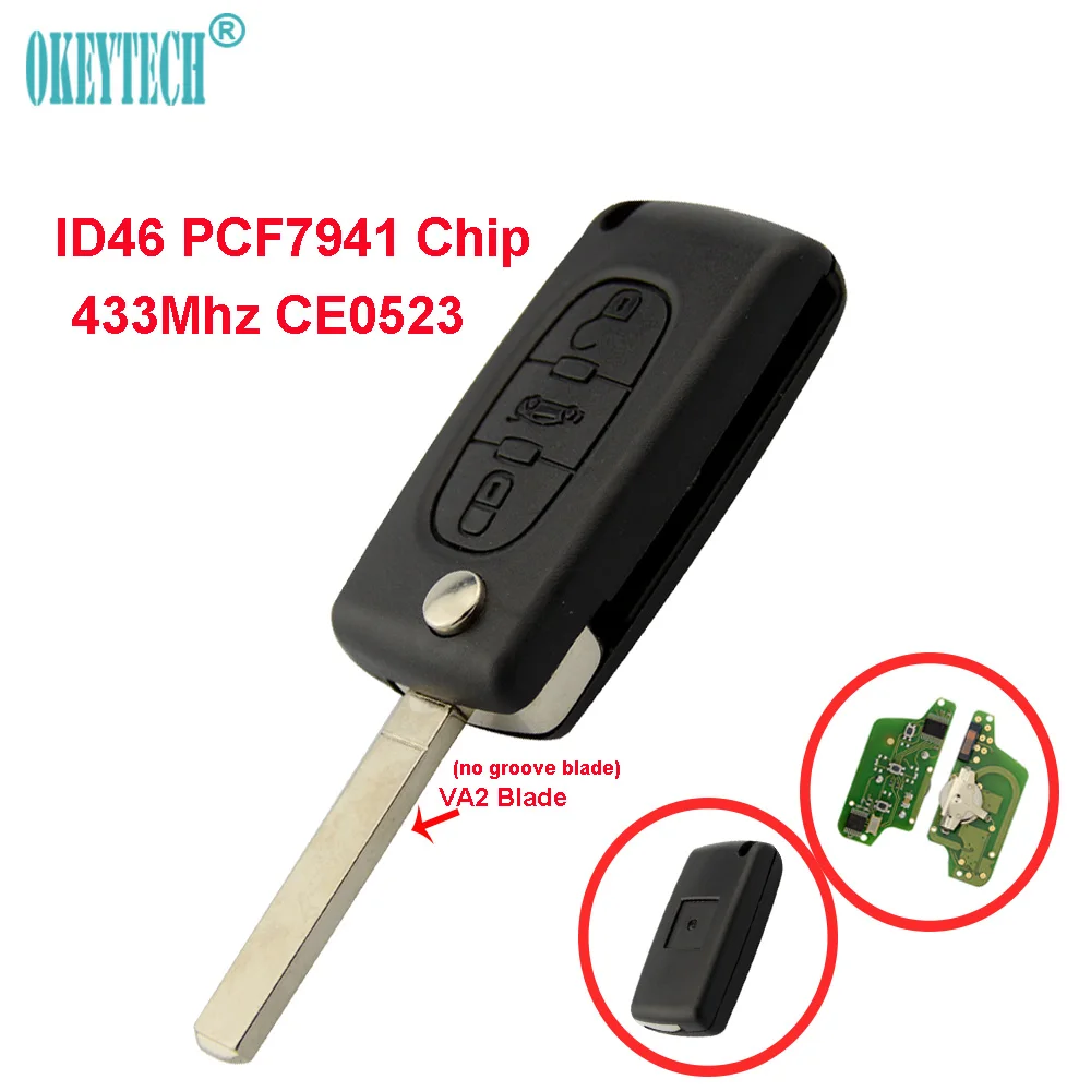 OkeyTech CE0523 3 кнопки складной 433 МГц ID46 PCF7941 чип для Peugeot Citroen VA2 без паза разрезание