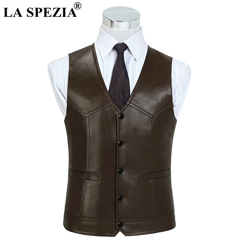 LA SPEZIA Brown Waistcoat For Men Genuine Sheepskin Leather Slim Fit Classic Vest Natural Leather Luxury Brand Sleeveless Jacket