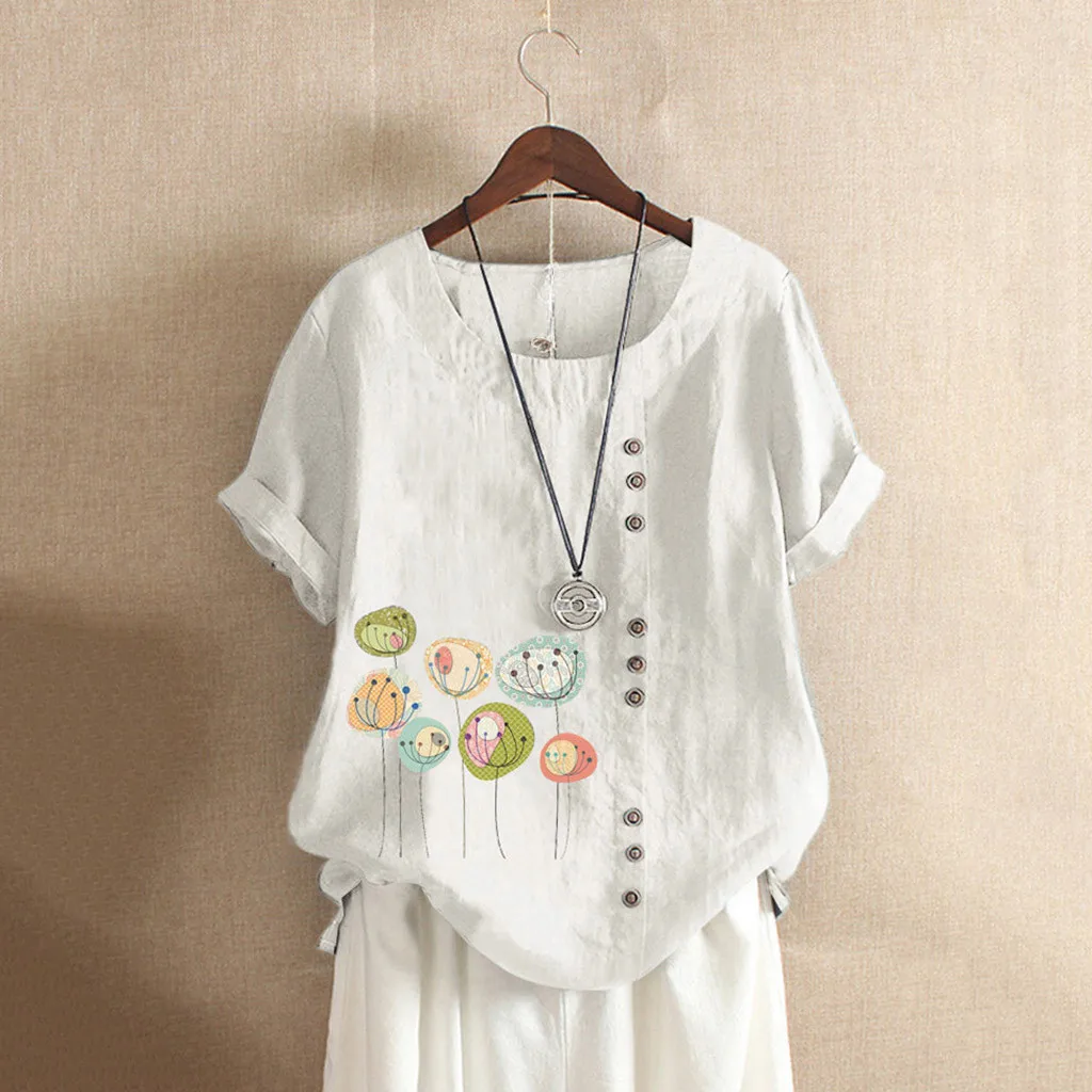

Feitong Women Summer Blouses Fashion Plus Size O-Neck Printed Loose Button Tunic Shirt Blouse Tops Blusas Mujer De Moda 2019 New