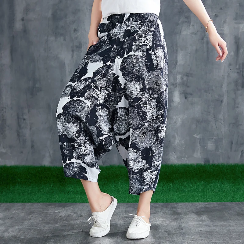 #0641 Summer Vintage Wide Leg Pants Women Elastic Waist Retro Cross Pants Ladies Floral Printed Cotton Linen Trousers Femme #0641 Summer Vintage Wide Leg Pants Women Elastic Waist Retro Cross Pants Ladies Floral Printed Cotton Linen Trousers Femme