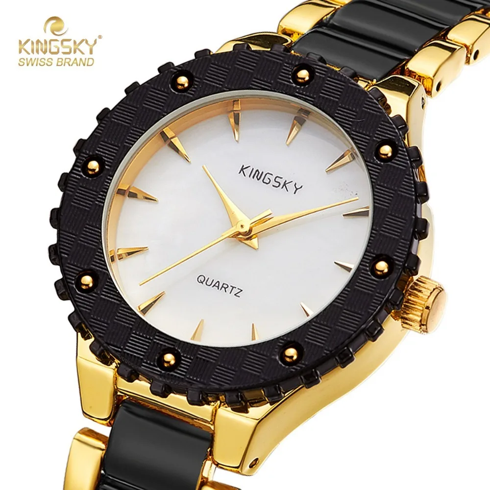 

Kingsky Women Watches Causal Fashion Shell Dial Gold Two Tone Ladies Wristwatch Quartz Waterproof L048L# 2017 New