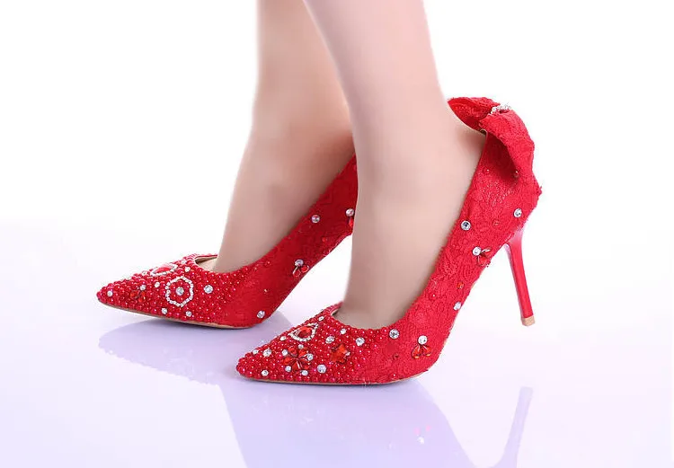 

summer 2015 new red lace bowknot bride shoes 9cm heel elegant dress shoes pointed toe single lady wedding shoes free shipping