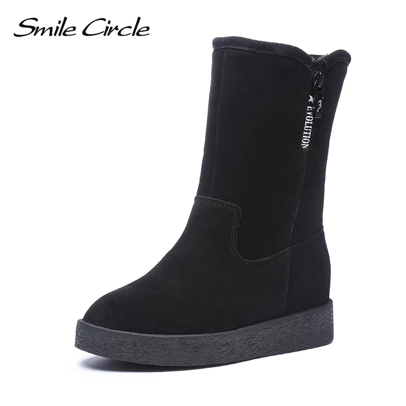 

Smile Circle Slip-on Snow Boots For Women shoes 2018 Winter Cow suede Leather Warm Long-plush flat Boots Shoes High quality