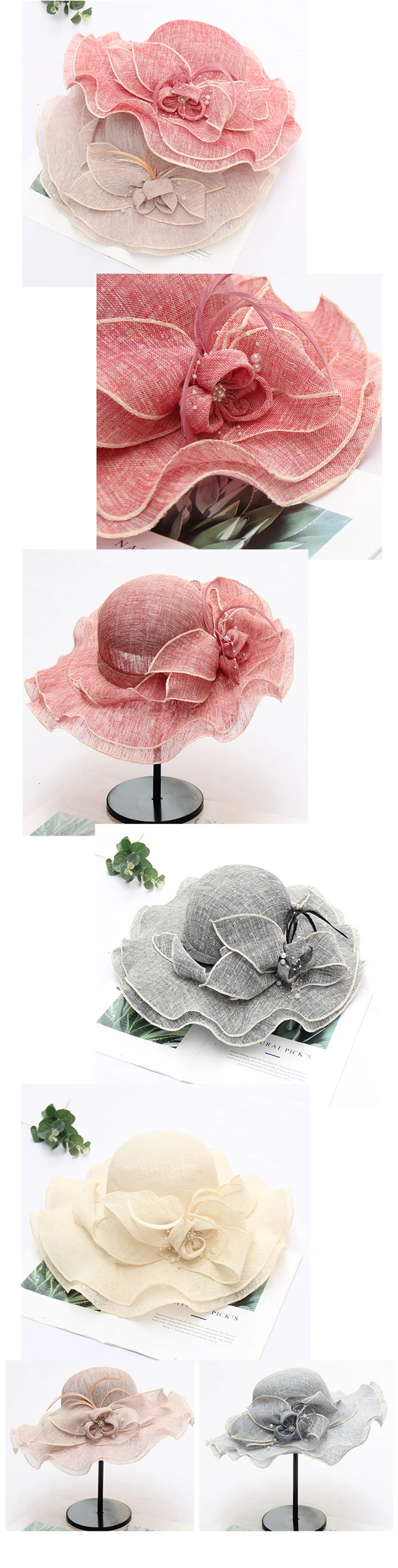 KISBINI Fashion Girl Women's Hat Wide Brim Vintage Linen Mesh Flowers Decoration Elegant Wedding Party Shade ladies Hats