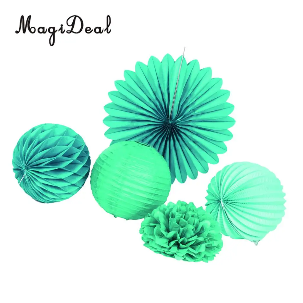 MagiDeal 5 Pieces Mixed Style Paper Pompoms Fan Honeycomb Ball Wedding Party Home Decor Blue and Green 