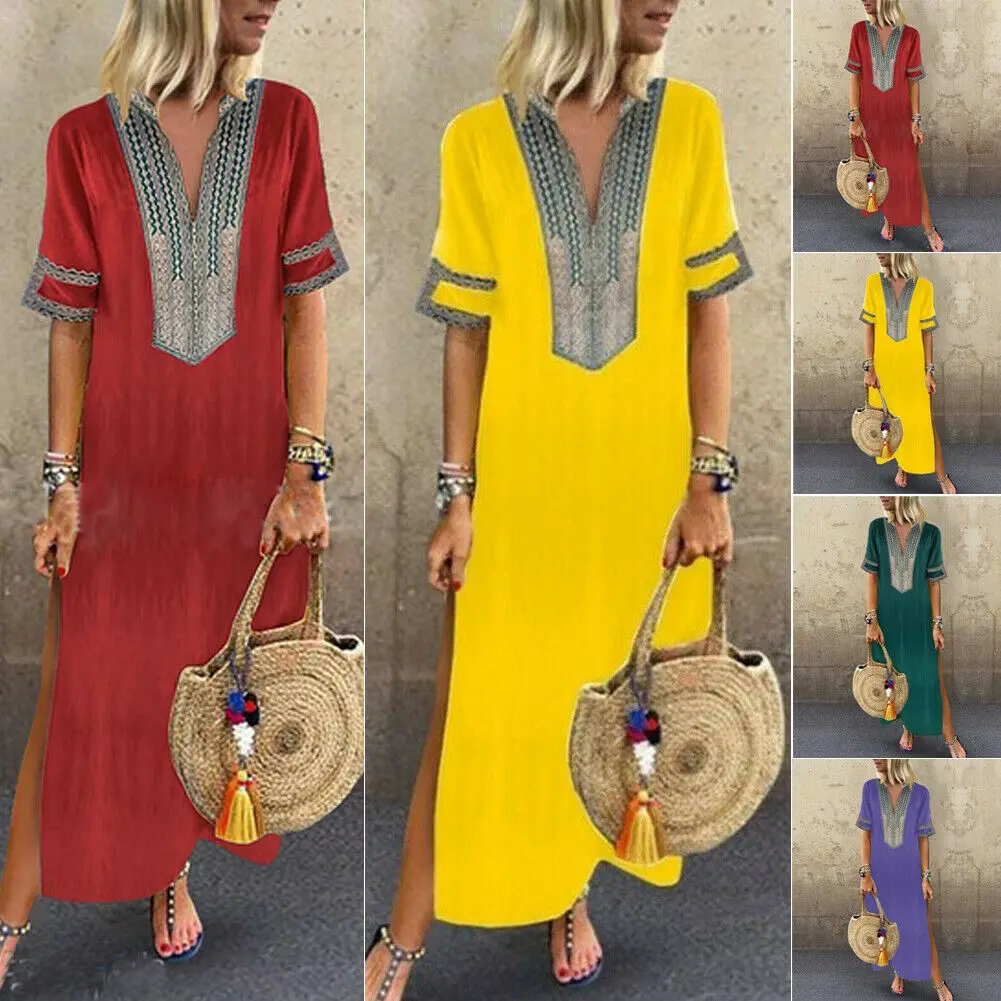 

Women Loose Long Dresses V-Neck Boho Party Casual Linen Maxi Dress Solid Dress Beach Holiday Casual Daily Femme Vestidos Dress