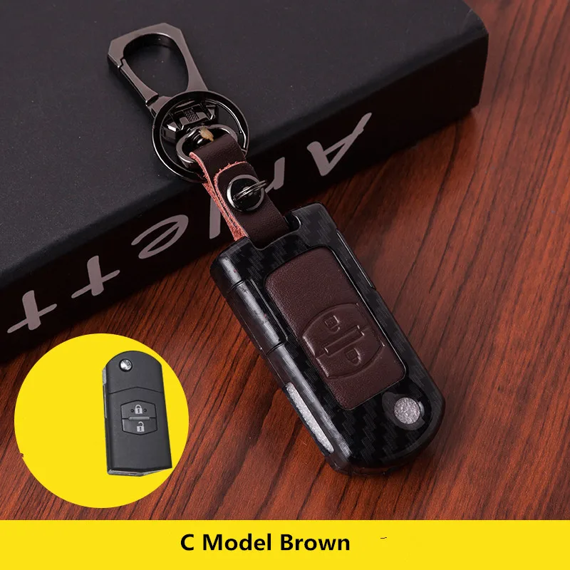 Углеродное волокно перчатки из натуральной кожи ключа автомобиля чехол для защиты для Mazda 2 3 5 6 CX-3 CX-4 CX-5 CX-7 CX-9 Atenza Axela MX5 Fob чехол Комплект - Название цвета: C Model Brown