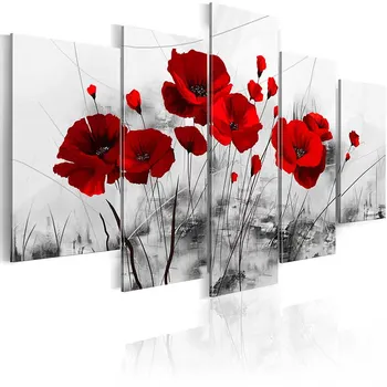 

5 Pieces Dark Red Blue Floral Canvas Painting Purple Poppies Flowers Poster Modern Wall Art Pictures for Bedroom Home Decor