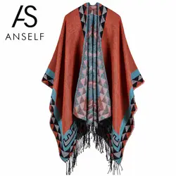 Anself Boho Для женщин вязаный кардиган пончо зима геометрический узор кисточкой длинный кардиган негабаритных свитер теплая накидка