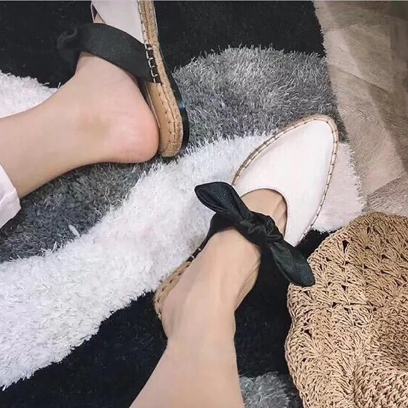 

Teahoo 2019 Summer Beach Women Flat Sandals Bowtie Canvas Espadrilles Women Sandals Pointed Toe Slippers Women Flip Flops