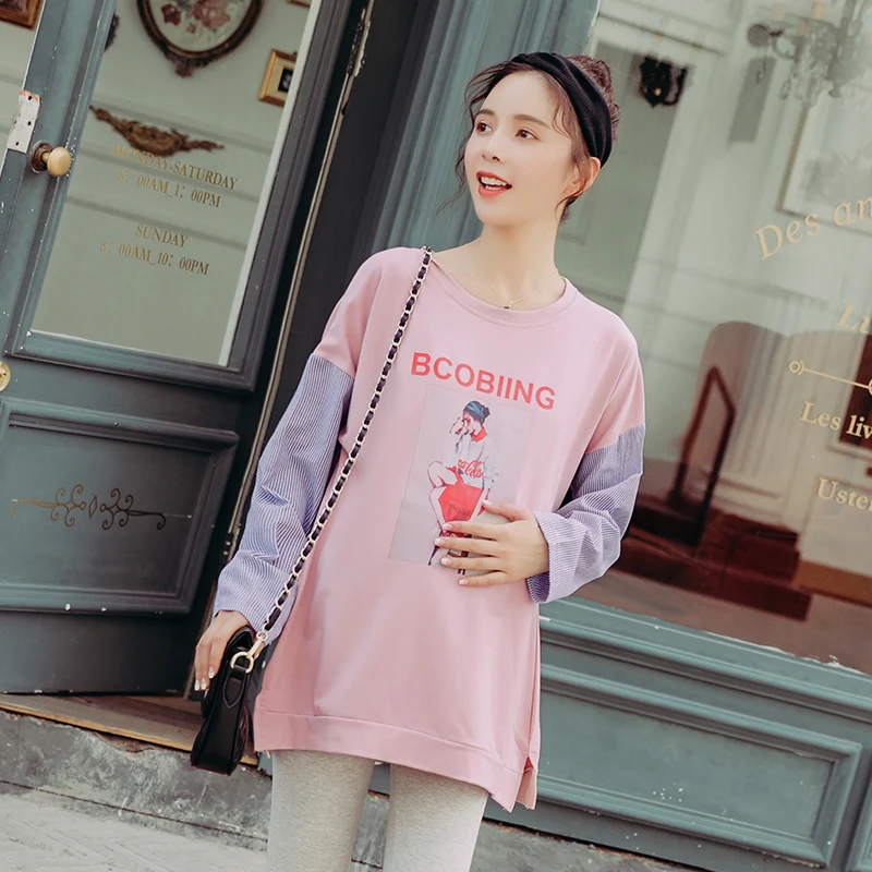 

8053# 2018 Autumn Korean Fashion Maternity Shirts Long Sleeve Patchwork Loose Tops Clothes for Pregnant Women Pregnancy Tunic