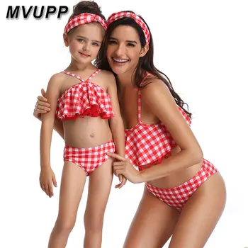 

mommy and me swimsuit lace mother daughter swimwear high wait plaid family matching outfits mum baby look clothes bikini dresses