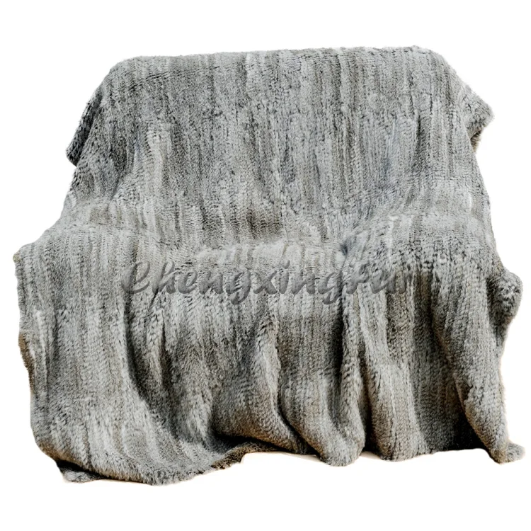 

CX-D-10-X Custom Made Natural Colour Knit Rabbit Fur Throw Blanket Rug Mat