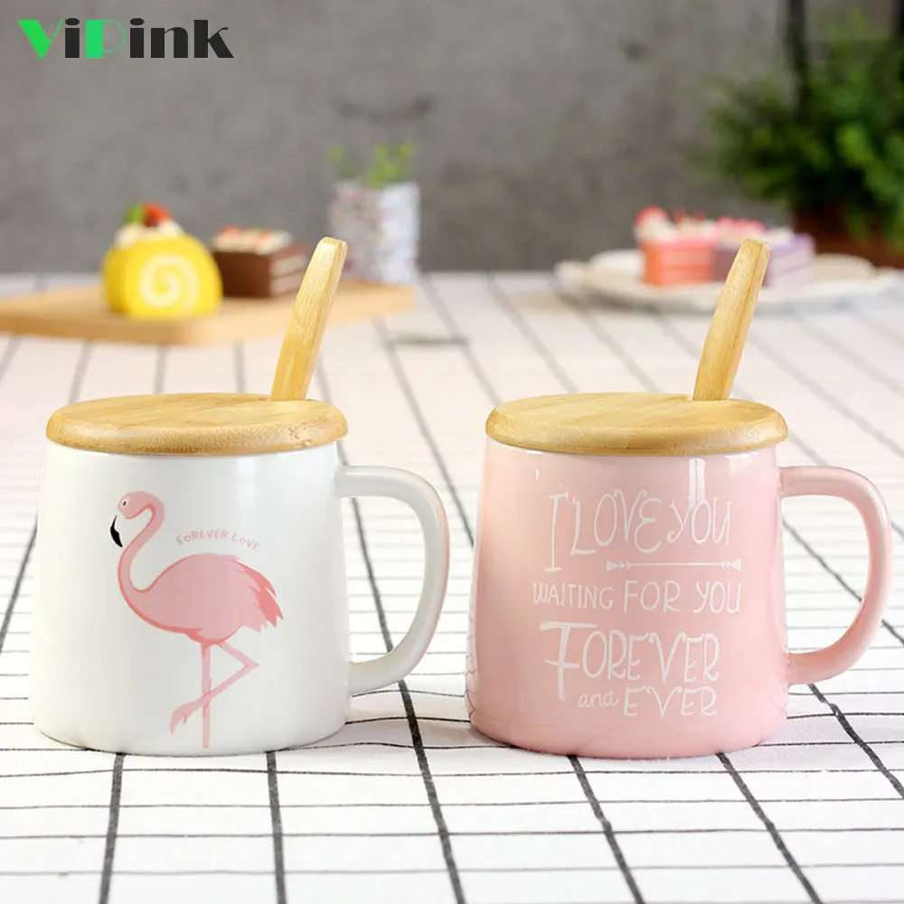 Cute Pink Flamingo Coffee Milk Ceramic Mug With Wooden Lid and Spoon ...
