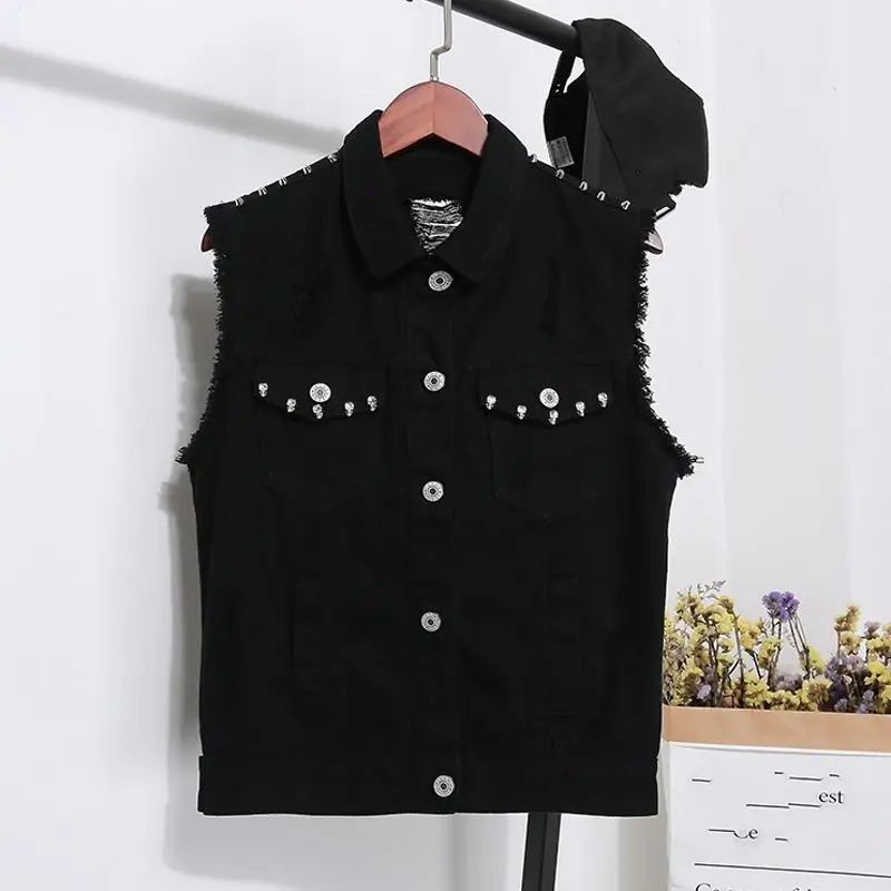 3015-1 black Однотонный черно-белый джинсовый жилет для женщин женская новая модная верхняя одежда Уличная с заклепками карманы в стиле панк топы многоцветные - Цвет: 3015-1 black