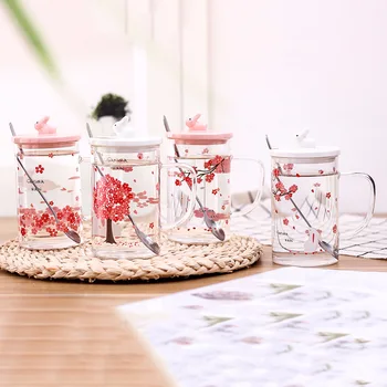 

450ml Korean Style Cherry Blossom Pattern Milk Coffe Tea Cup Mug Office Single-layer Transparent Glass Gifts