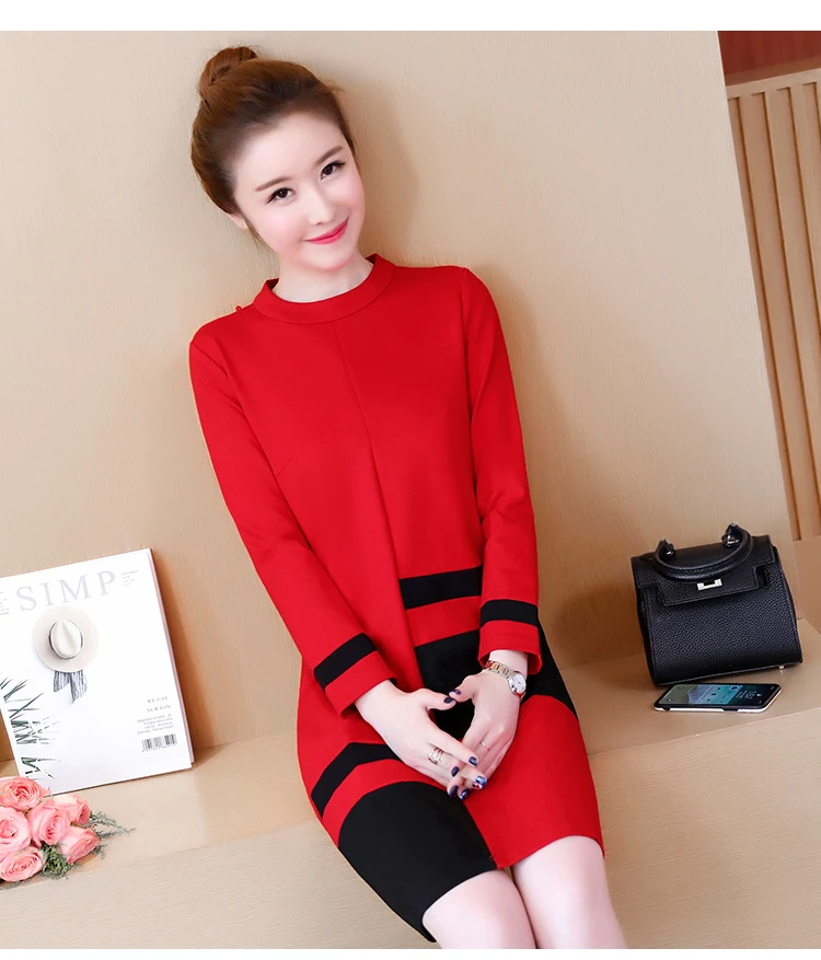 L-5XL размера плюс женское элегантное платье Весна Корейская мода стоячий воротник длинный рукав контрастный цвет пэчворк А-силуэт платья