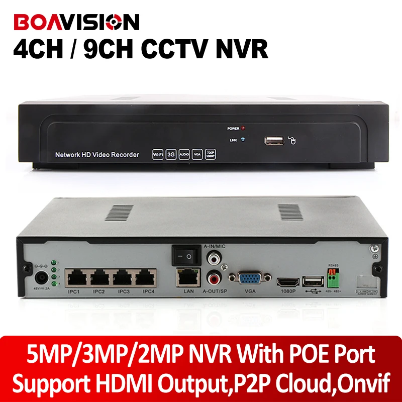  ONVIF NVR 4CH 9CH 5MP/3MP/2MP Full HD 48V POE P2P Cloud Security Network Recorder IOS Android View For POE 1080P IP Camera 