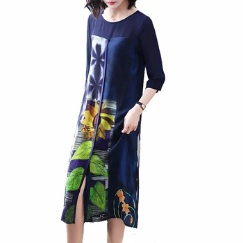 

Springn new Chiffon Dress Women temperament Bifurcation O-Neck Print Dress fashion Casual Loose summer dress