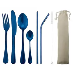 8 шт. портативный синий набор посуды 304 нержавеющая сталь черный набор столовых приборов столовая вилка и нож Совок соломенная сумка набор