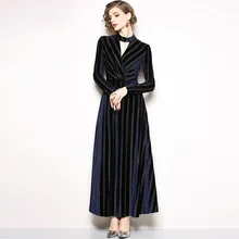 Spring and Autumn New Stand Collar Golden Velvet Dress Cutout Long Sleeve Striped Dress Spring and Autumn New Stand Collar Golden Velvet Dress Cutout Long Sleeve Striped Dress