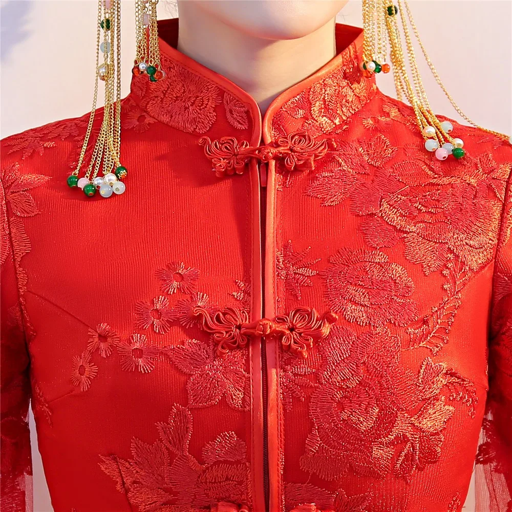 Шанхай история с длинным рукавом Qipao китайская свадебная одежда красный вышивка Cheongsam традиционное китайское платье для женщин