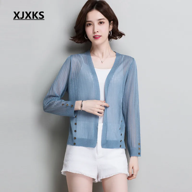 

XJXKS 2019 spring summer new women's cardigan fashion linen high quality casual knitting thin sweater cardigan women