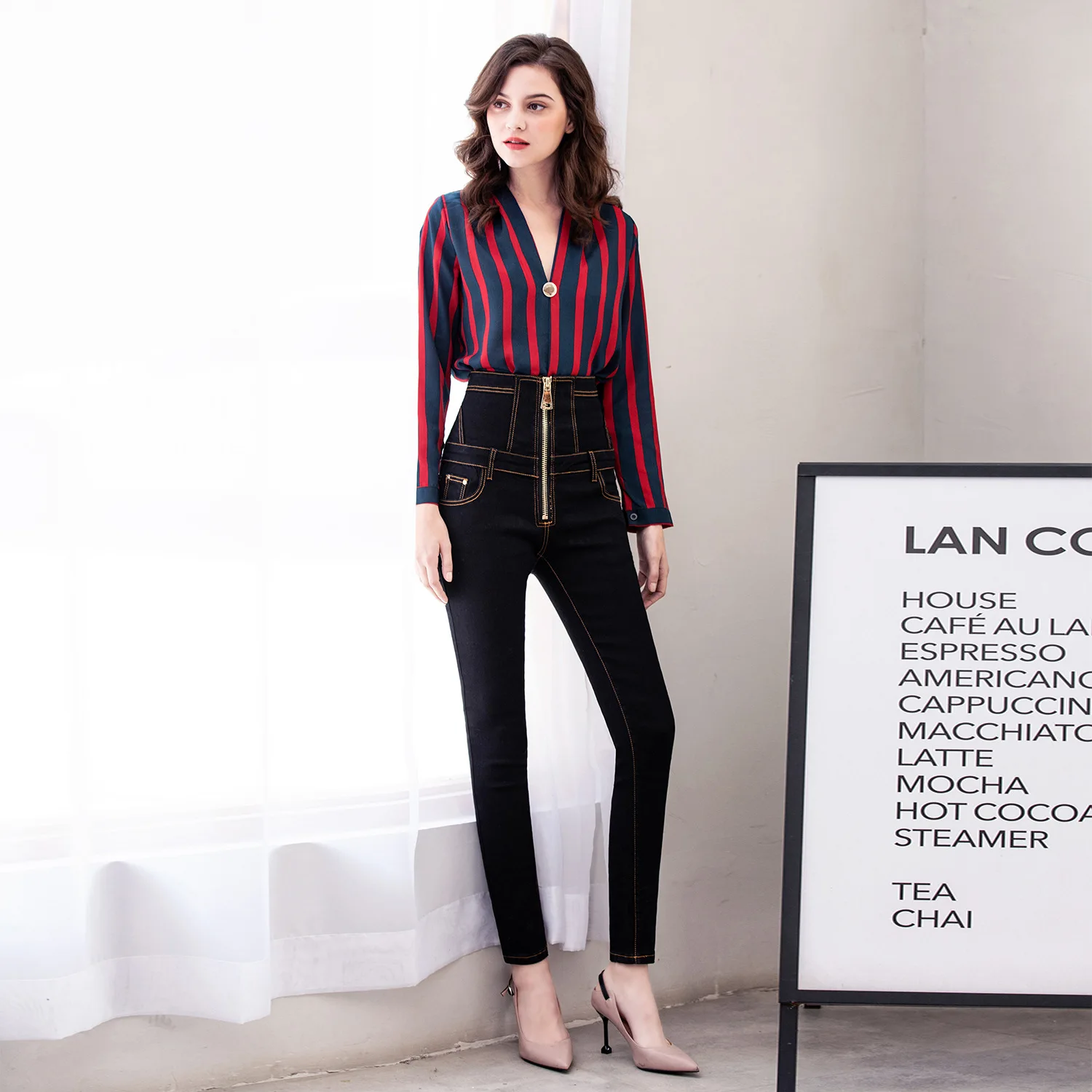 Women's summer new cotton high waist strap zipper jeans mesh red tight stretch thin pants pants pencil pants Women's summer new cotton high waist strap zipper jeans mesh red tight stretch thin pants pants pencil pants