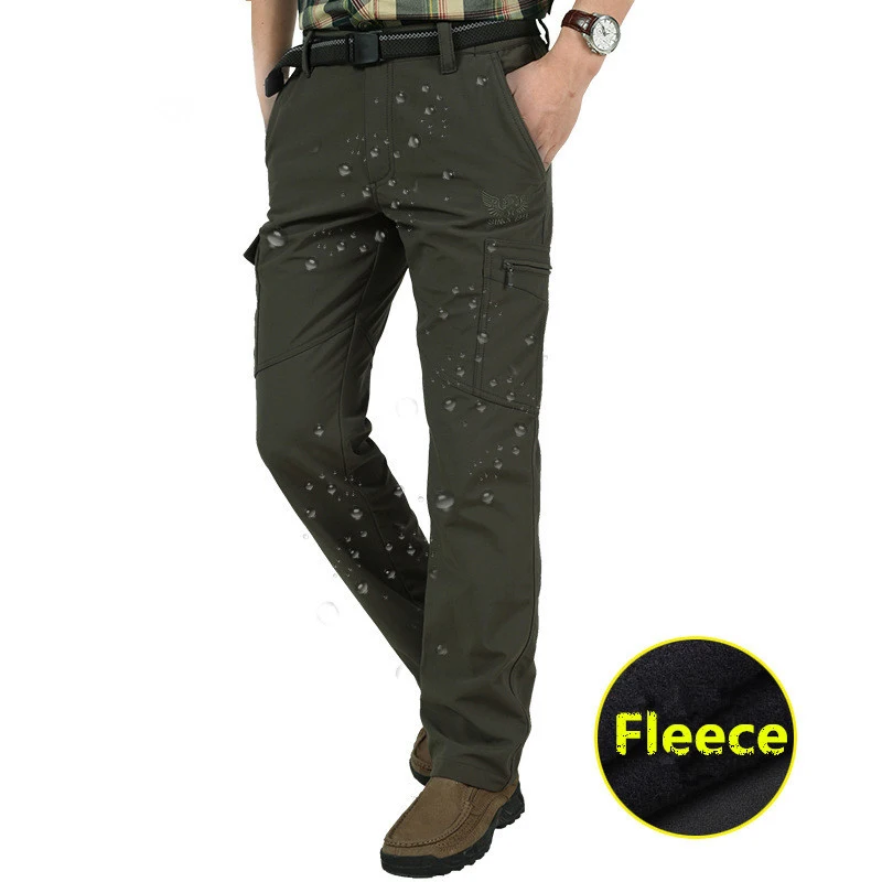 Зимние флисовые теплые брюки карго мужские повседневные свободные многокарманные мужские ветрозащитные водонепроницаемые армейские длинные брюки Размер 4XL - Цвет: Army green Fleece