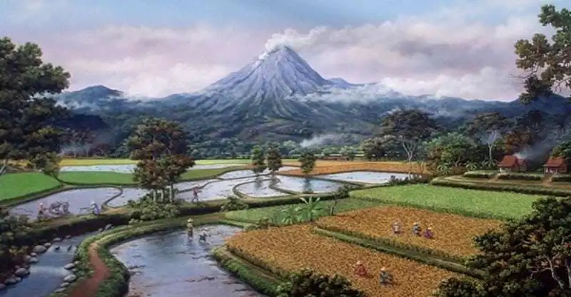 lukisanpemandangansawahdangunung-1