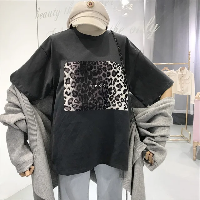 US $7.33 harajuku vintage women tshirt summer new design leopard print t-shirts korean clothes ulzzang black
