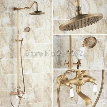 

Wholesale And Retail / Luxury Antique Brass Shower Faucet Set Dual Ceramic Handle Bathroom Tub Mixer Hand Shower lrs118