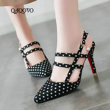 

2019 Fashion Denim Crystal Gladiator Sandals Women's Thin High Heels Pumps Buckle Pointed Toe Female Size 34-43