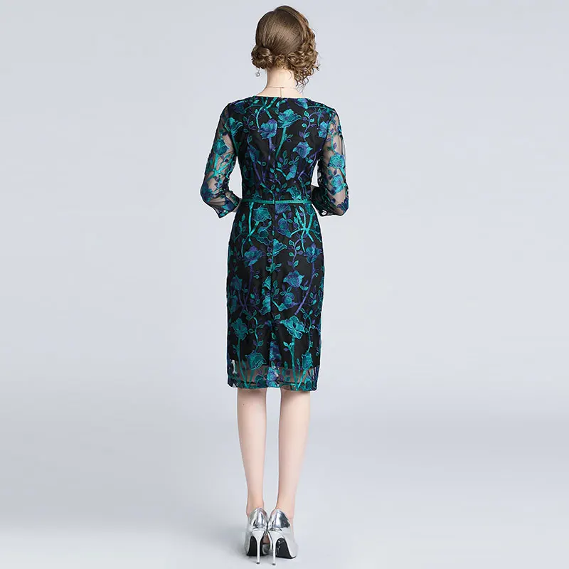 Borisovich Office Lady Pencil Dress New Brand 2018 Autumn Fashion Floral Mesh Embroidery Elegant Slim Women Party Dresses N039