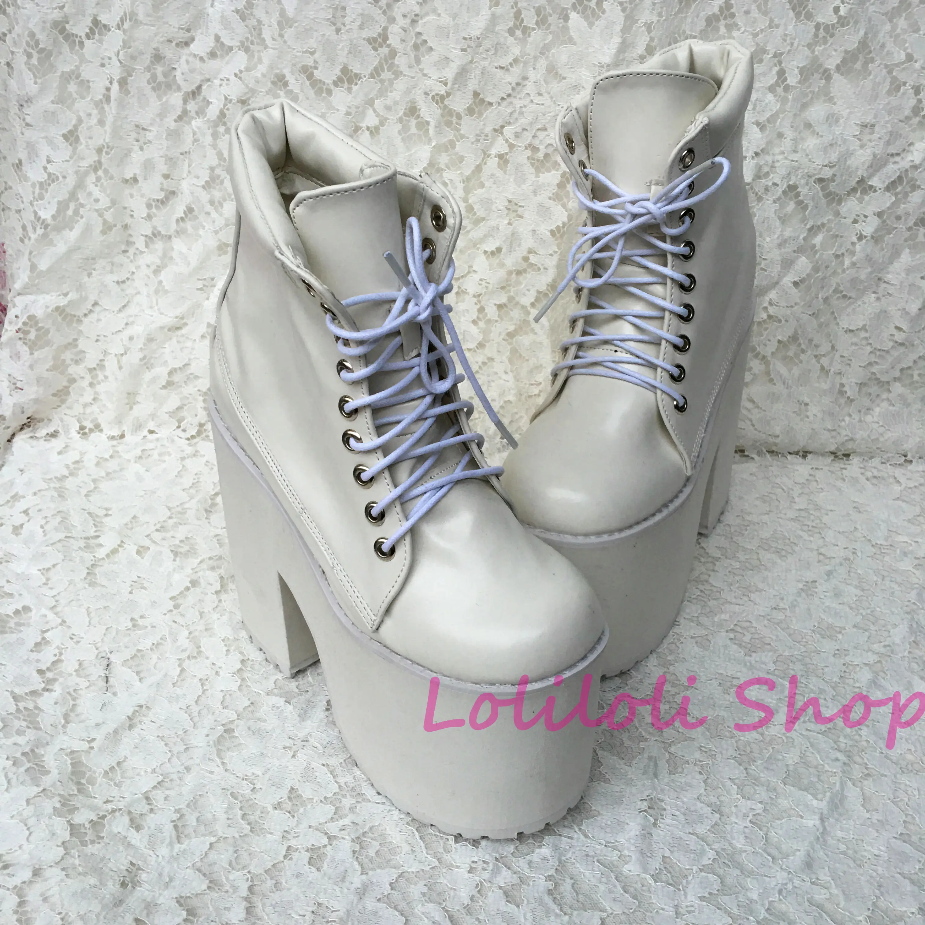 Personalizado blanco Tacón Lolita Botas Dulce Brillante 5195n Cruz Japonés Piel Lolilloliyoyo Cordón Grueso Blanco Zapatos Multiple Antaina Diseño Princesa U06nW6