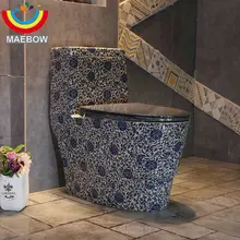 Artístico Vintage azul y blanco una pieza Closestool sifón Jet Fluishing s-trap suelo montado Hotel KTV baño asiento inodoro