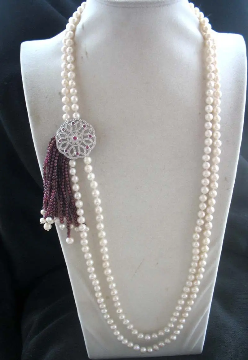 

08150 2rows freshwater pearl white &garnet necklace 28-30" nature