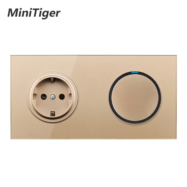 

Minitiger Gold Crystal Glass Panel 16A EU Russia Standard Wall Power Socket 1 Gang 1 Way On / Off Light Switch LED Indicator